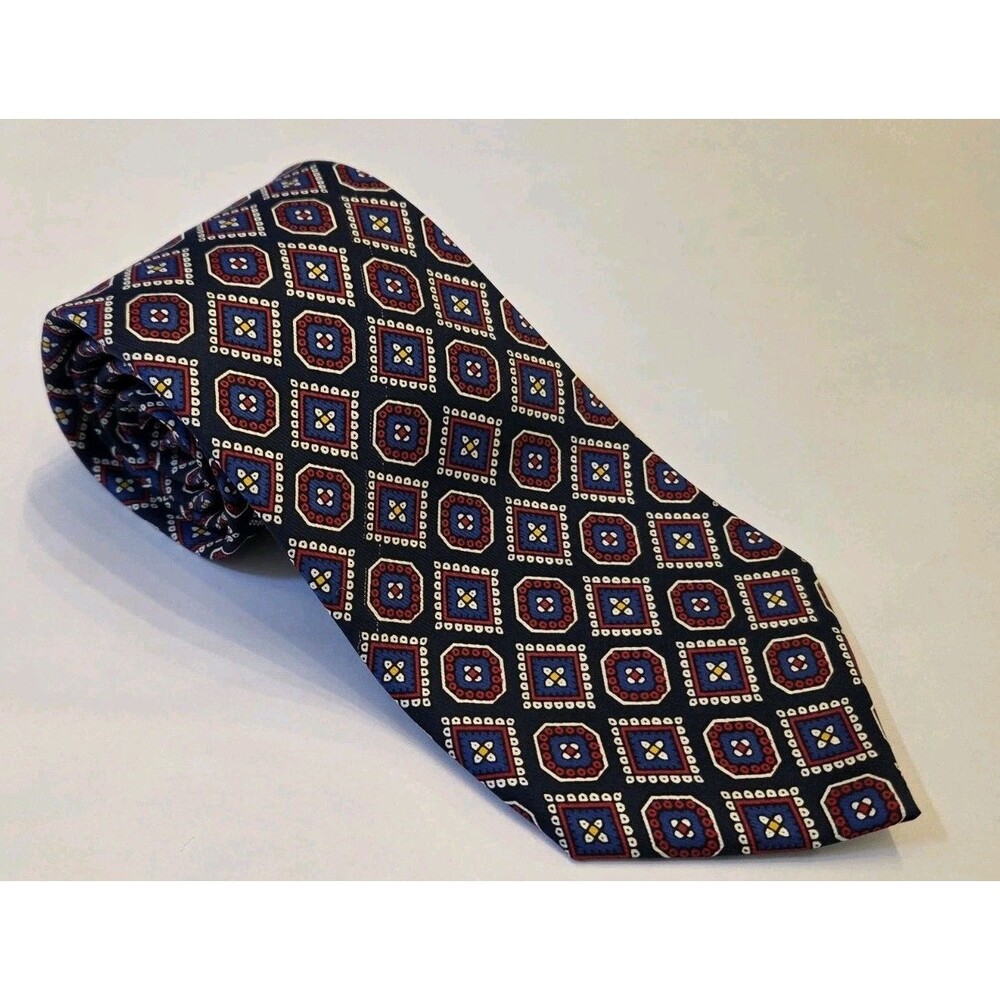 Burberrys London Paris Silk Tie Navy Geometric Medallion Made In England